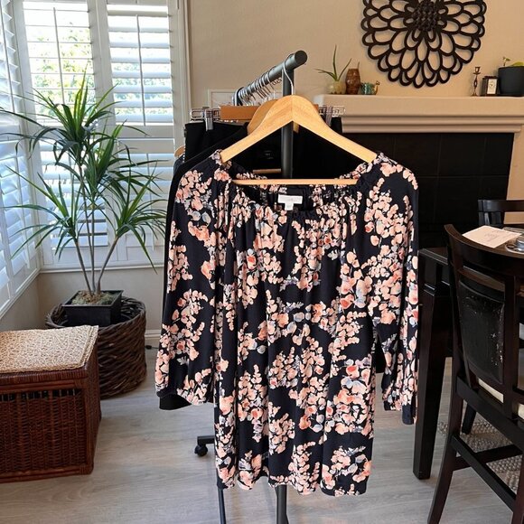 J Jill Blouse Size Large Navy Floral Print 3/4 Sleeve Ruffle Cottagecore Ditsy - Picture 14 of 14